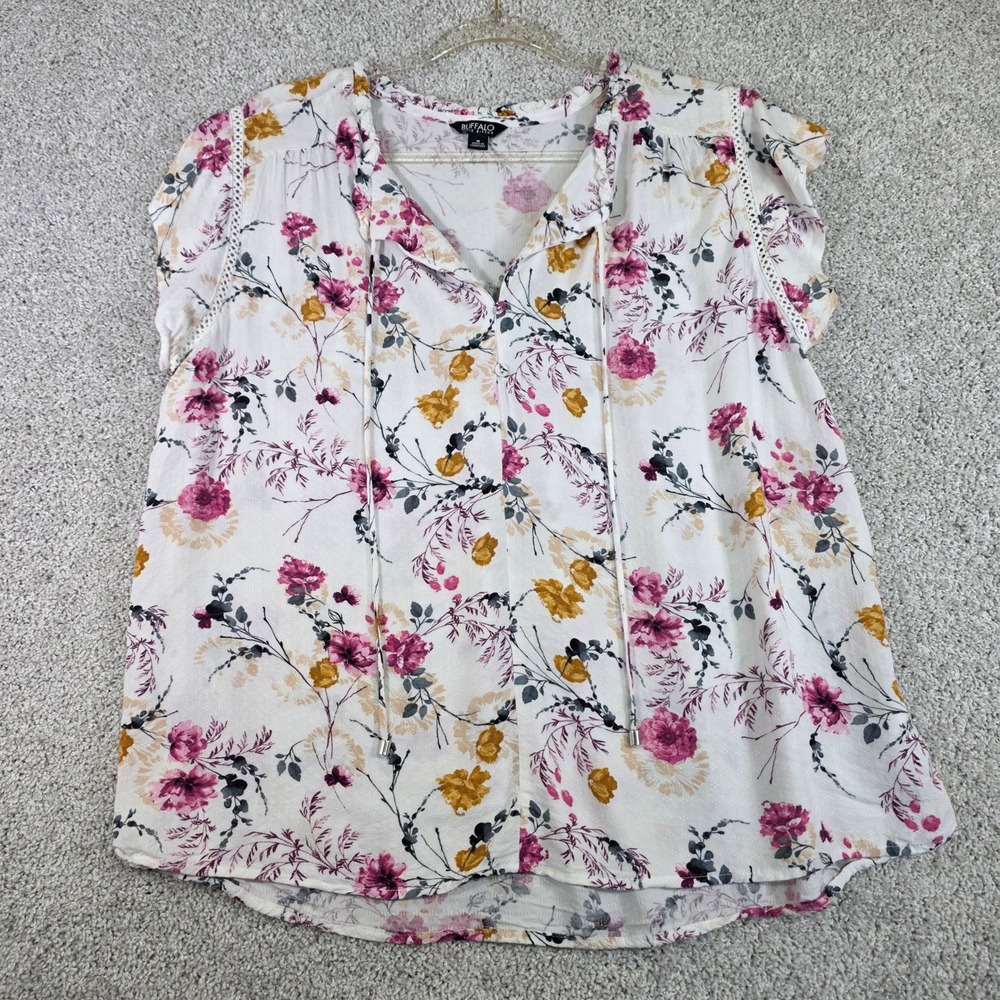 Buffalo David Bitton Floral Peasant Blouse Medium M Boho Crochet Lace Trim Tie
